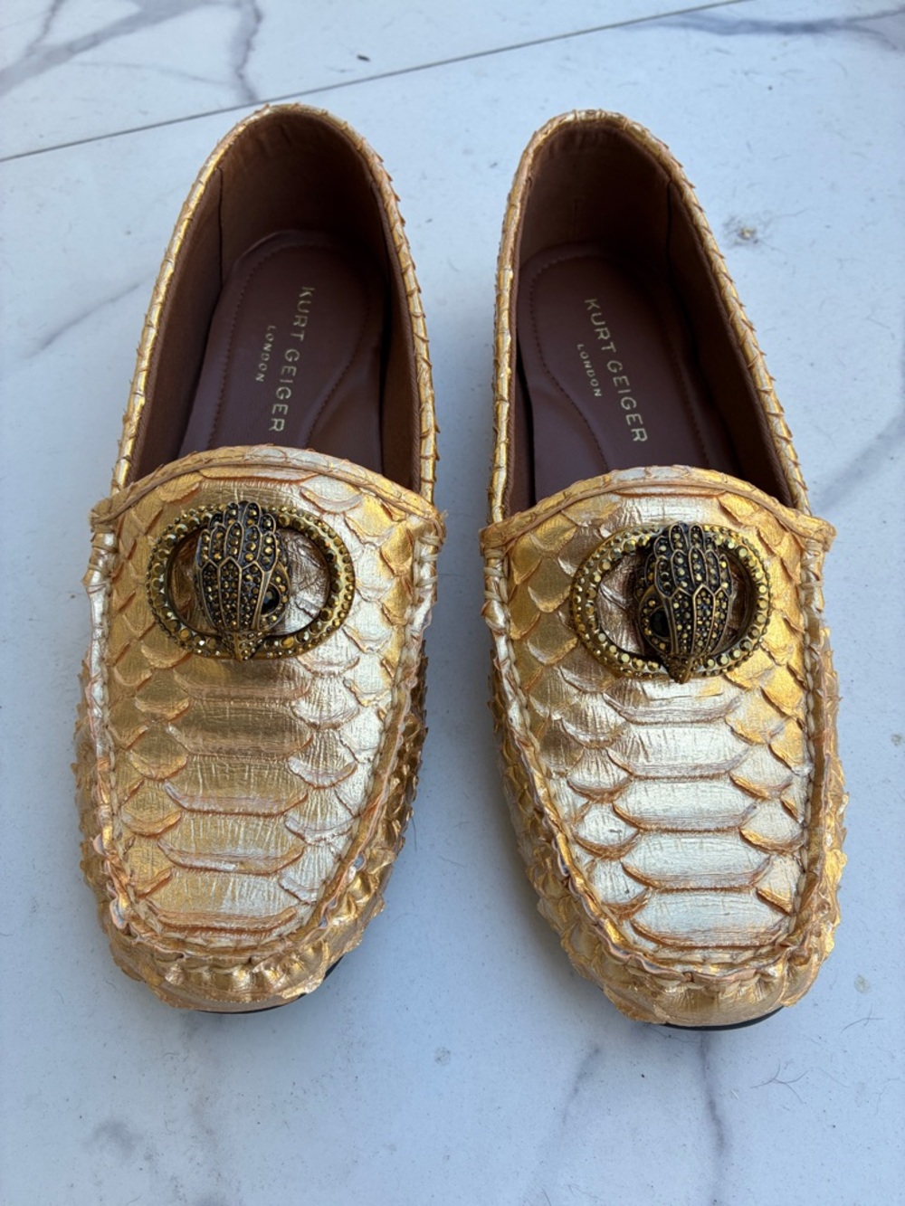 Kurt Geiger-Metallic Gold Loafers.
